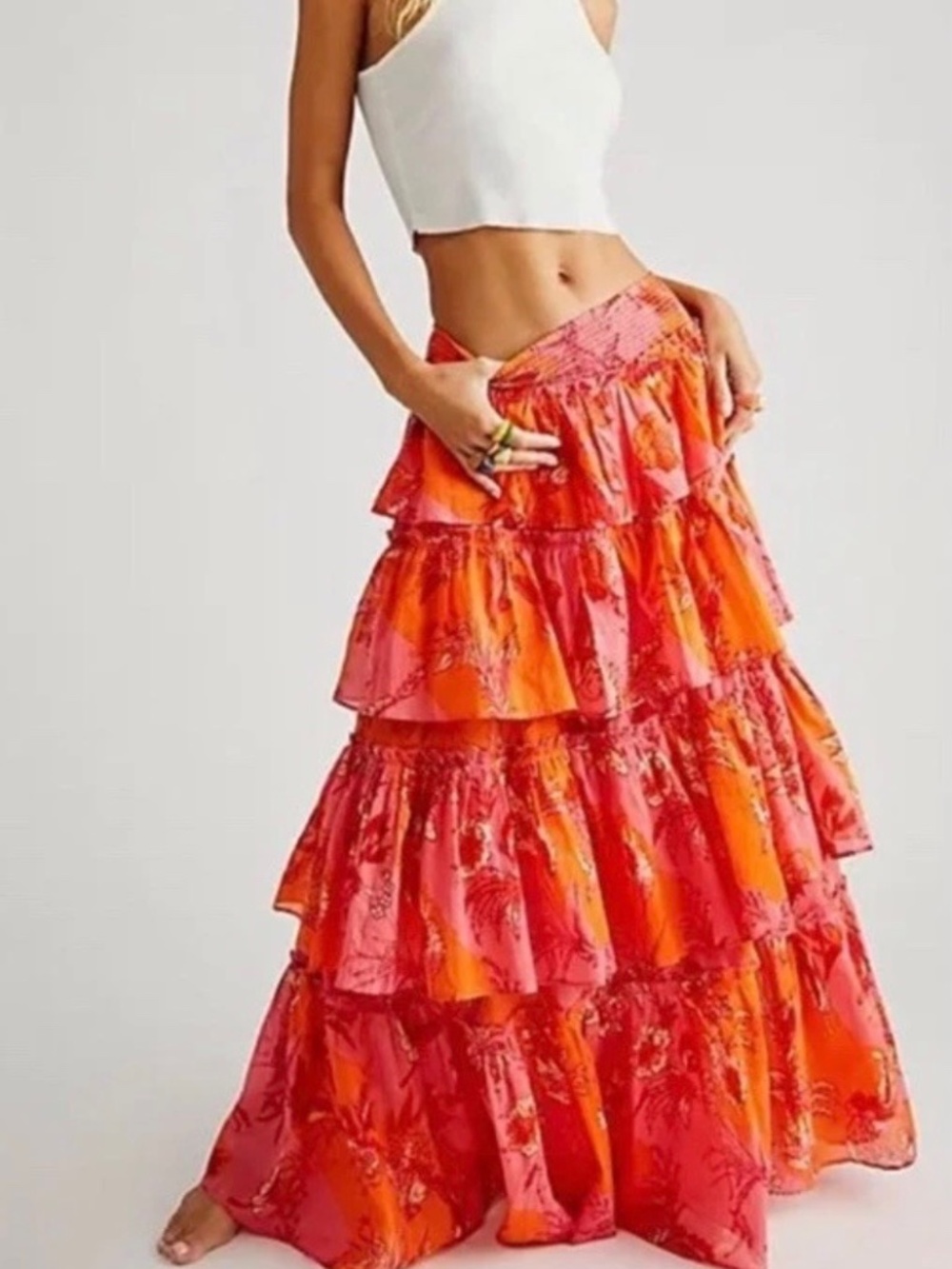 FREE PEOPLE SAWYER TIERED MAXI SKIRT in sold out pink/orange combo